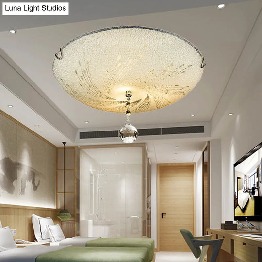 Modern Flush Mount Light With Frosted Glass And Crystal Drop - 3 Lights White Ceiling Fixture