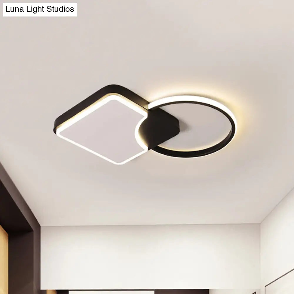 Modern Flush Mounted Led Lamp Fixture In Black White/Warm Light - Ring And Rhombus Corridor