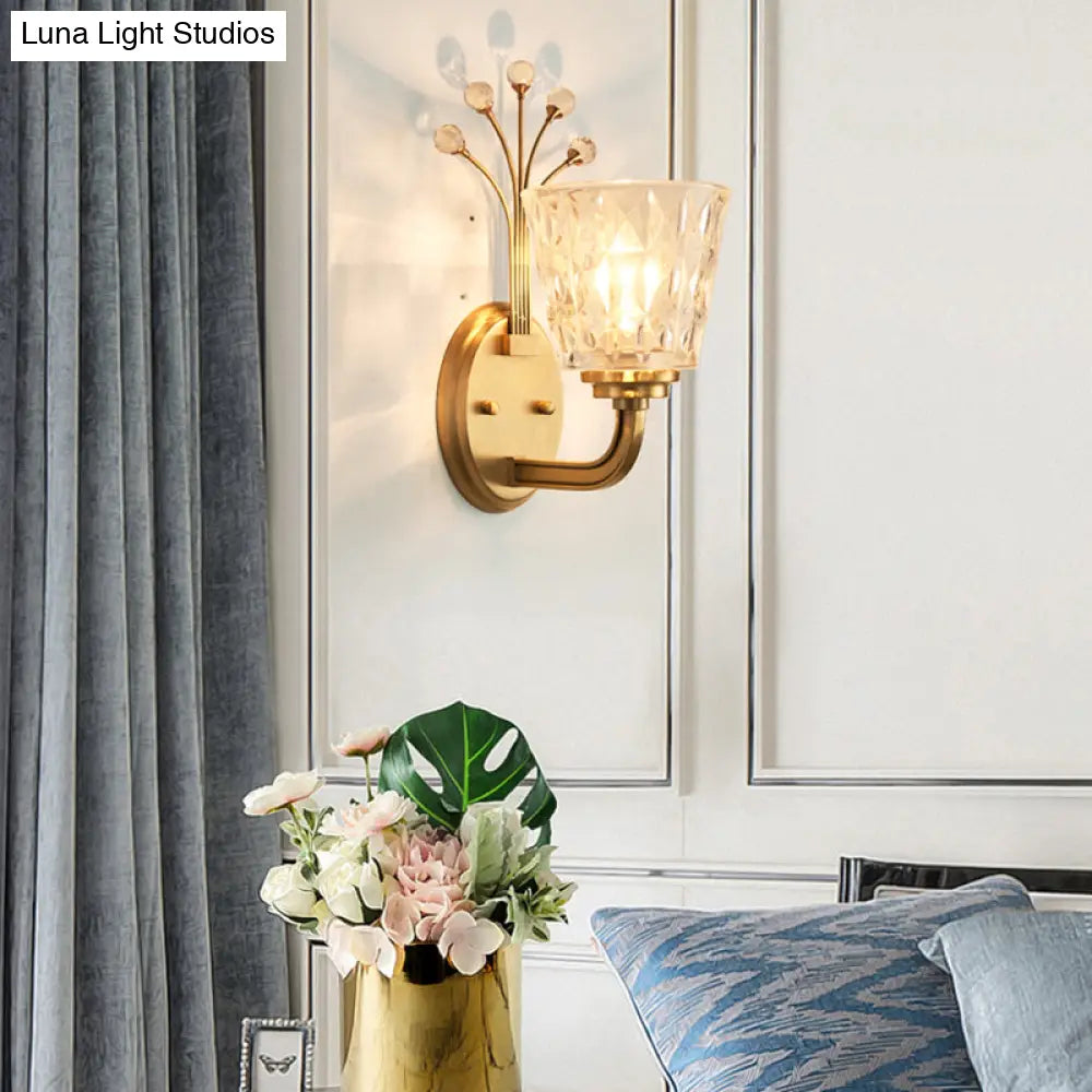 Modern Flush Wall Sconce With Clear Glass Shade And Crystal In Brass Finish - 1/2-Light Tapered