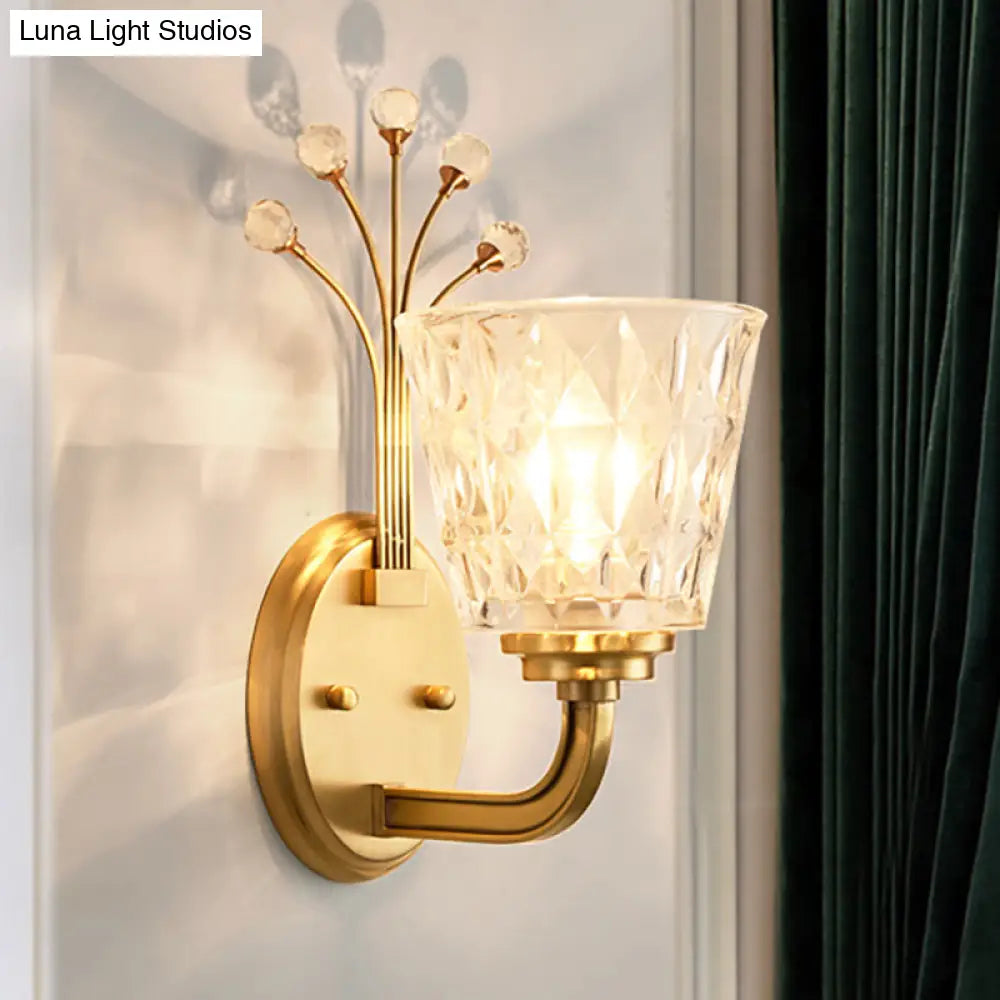 Modern Flush Wall Sconce With Clear Glass Shade And Crystal In Brass Finish - 1/2-Light Tapered