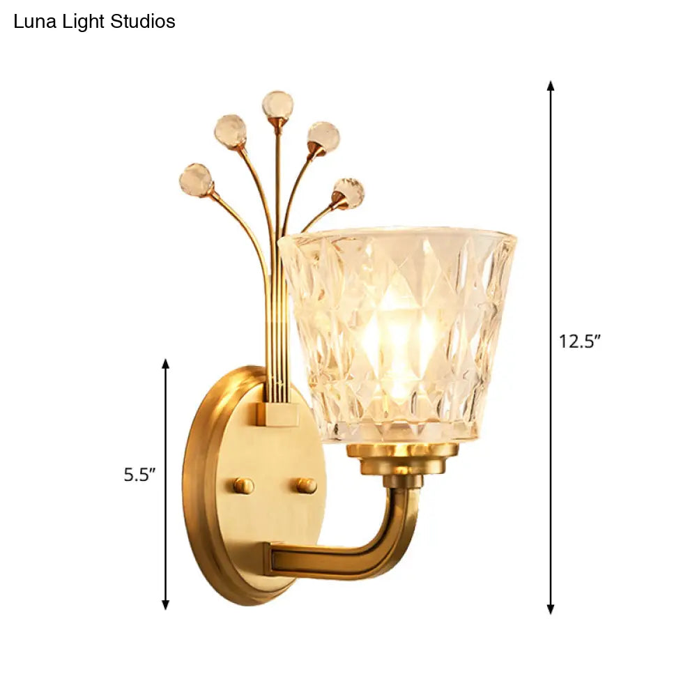 Modern Flush Wall Sconce With Clear Glass Shade And Crystal In Brass Finish - 1/2-Light Tapered