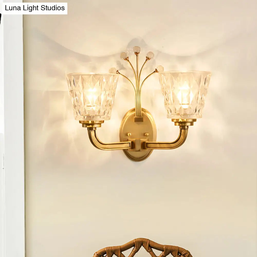 Modern Flush Wall Sconce With Clear Glass Shade And Crystal In Brass Finish - 1/2-Light Tapered