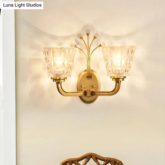 Modern Flush Wall Sconce With Clear Glass Shade And Crystal In Brass Finish - 1/2-Light Tapered