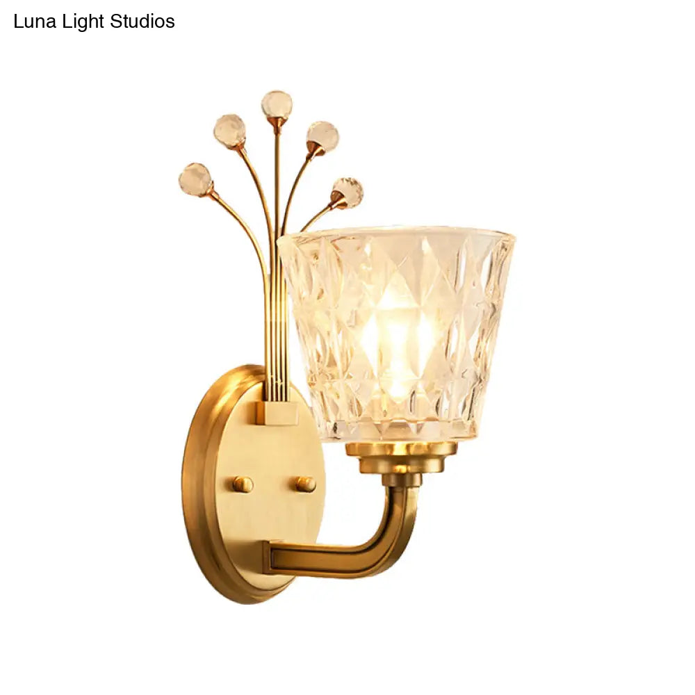 Modern Flush Wall Sconce With Clear Glass Shade And Crystal In Brass Finish - 1/2-Light Tapered