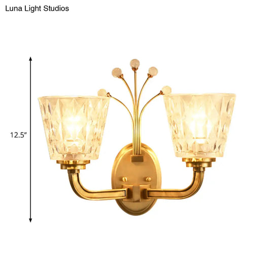 Modern Flush Wall Sconce With Clear Glass Shade And Crystal In Brass Finish - 1/2-Light Tapered