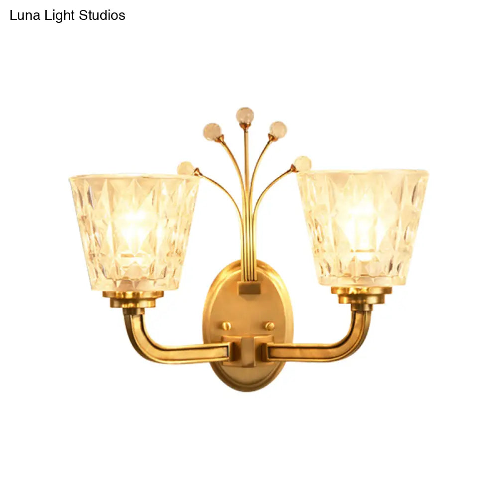 Modern Flush Wall Sconce With Clear Glass Shade And Crystal In Brass Finish - 1/2-Light Tapered