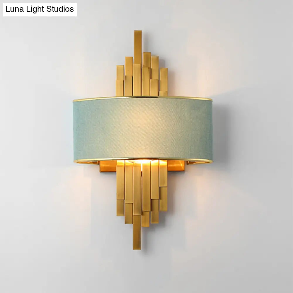 Modern Flute Wall Sconce With Curved Fabric Shade - 2 Bulb Metal Light