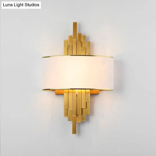 Modern Flute Wall Sconce With Curved Fabric Shade - 2 Bulb Metal Light