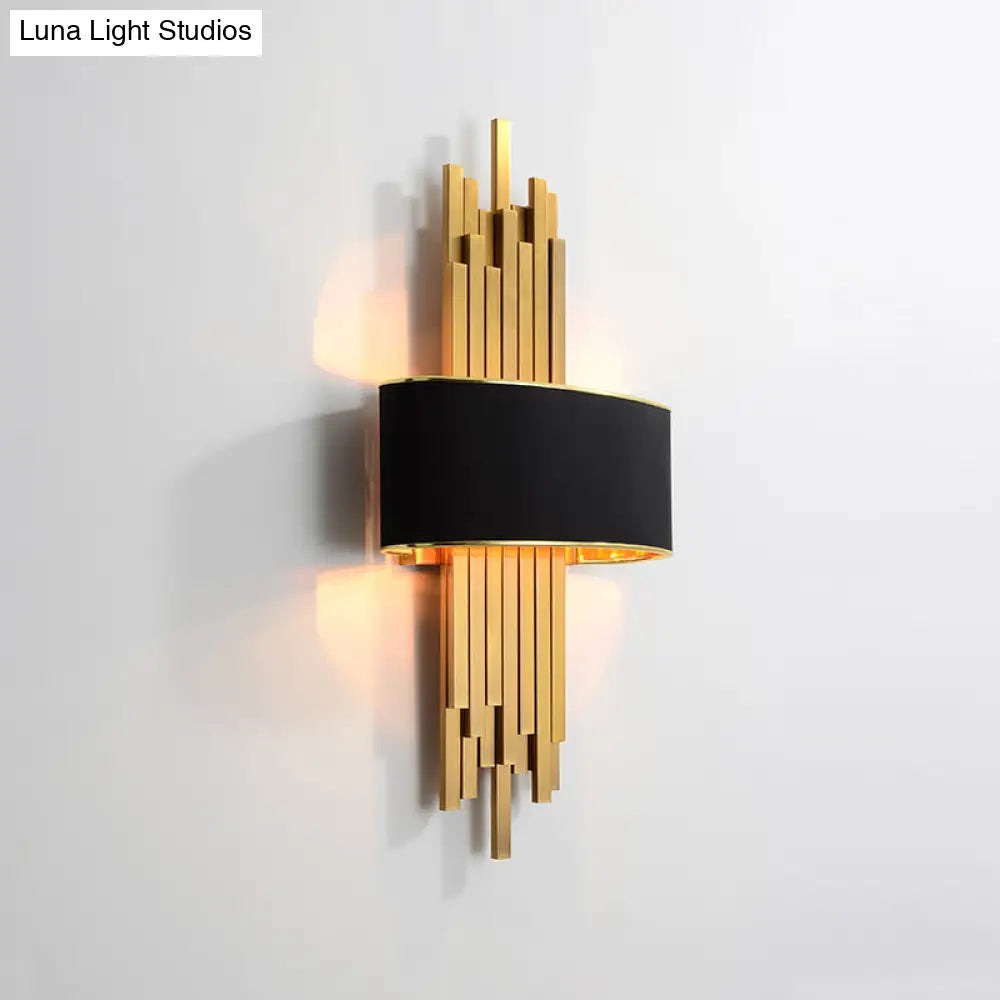 Modern Flute Wall Sconce With Curved Fabric Shade - 2 Bulb Metal Light