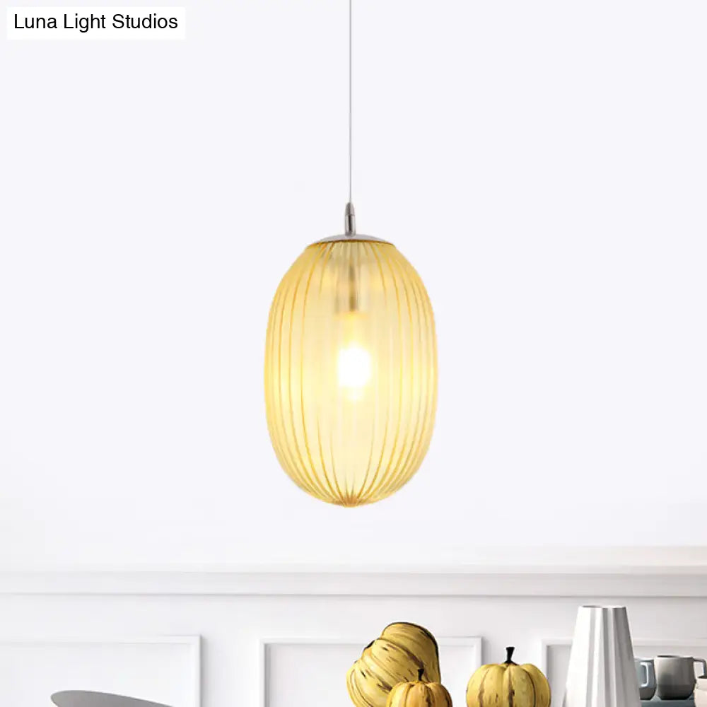 Modern Fluted Glass Melon Hanging Light - Stylish Single Pendant For Dining Room Ceiling