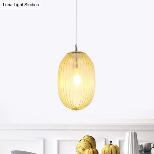 Modern Fluted Glass Melon Hanging Light - Stylish Single Pendant For Dining Room Ceiling