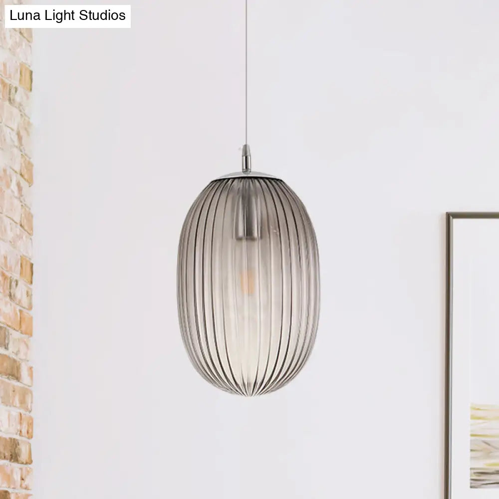 Modern Stylish Single Light Fluted Glass Melon Hanging For Dining Room Ceiling Pendant Smoke Gray