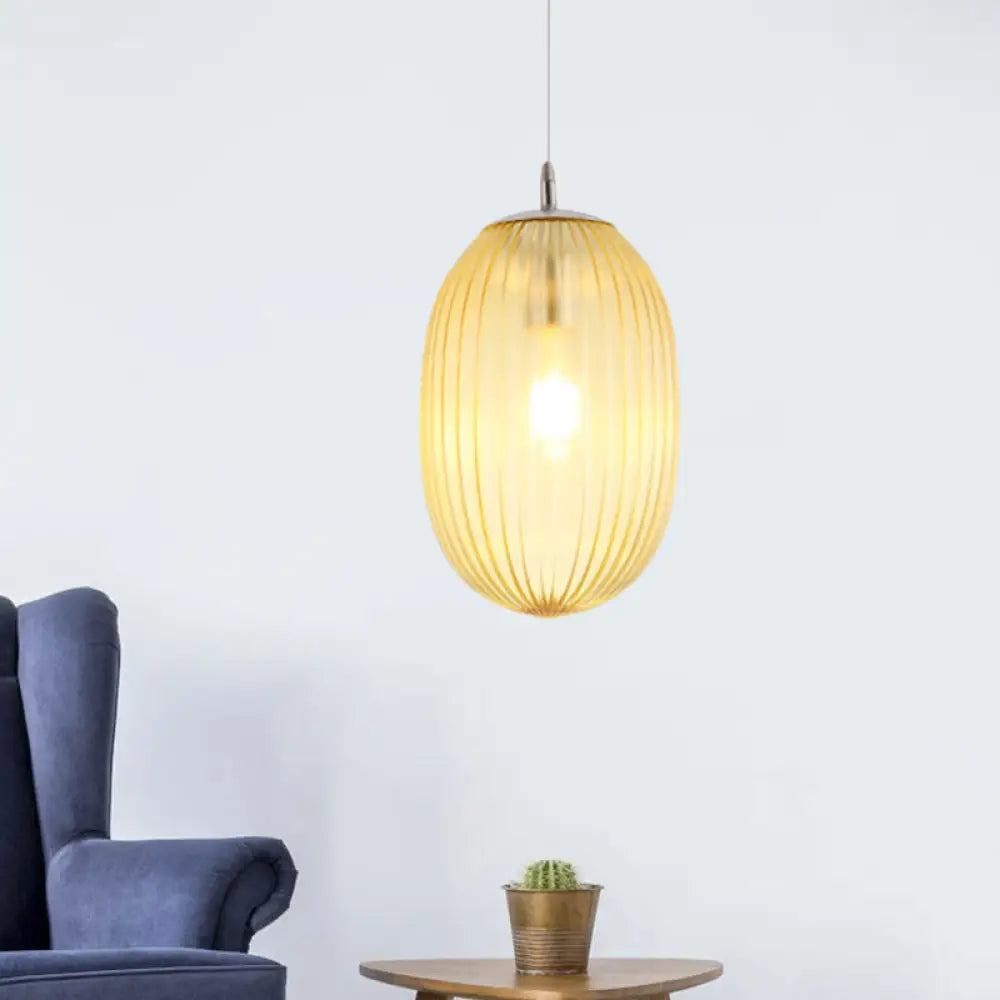 Modern Fluted Glass Melon Hanging Light - Stylish Single Pendant For Dining Room Ceiling Amber