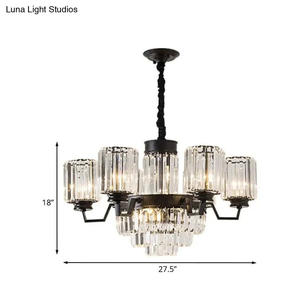 Modern Fluted Glass Rods Pendant Chandelier With 9 Bulbs And Cylindrical Shade In Black