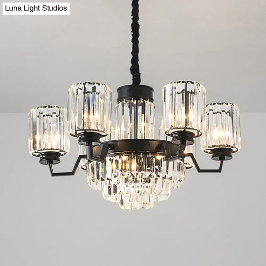 Modern Black 9-Bulb Pendant Chandelier With Clear Glass Rods And Cylindrical Shade