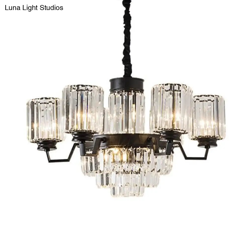 Modern Fluted Glass Rods Pendant Chandelier With 9 Bulbs And Cylindrical Shade In Black