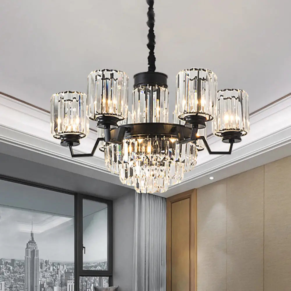 Modern Fluted Glass Rods Pendant Chandelier With 9 Bulbs And Cylindrical Shade In Black