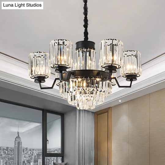 Modern Black 9-Bulb Pendant Chandelier With Clear Glass Rods And Cylindrical Shade