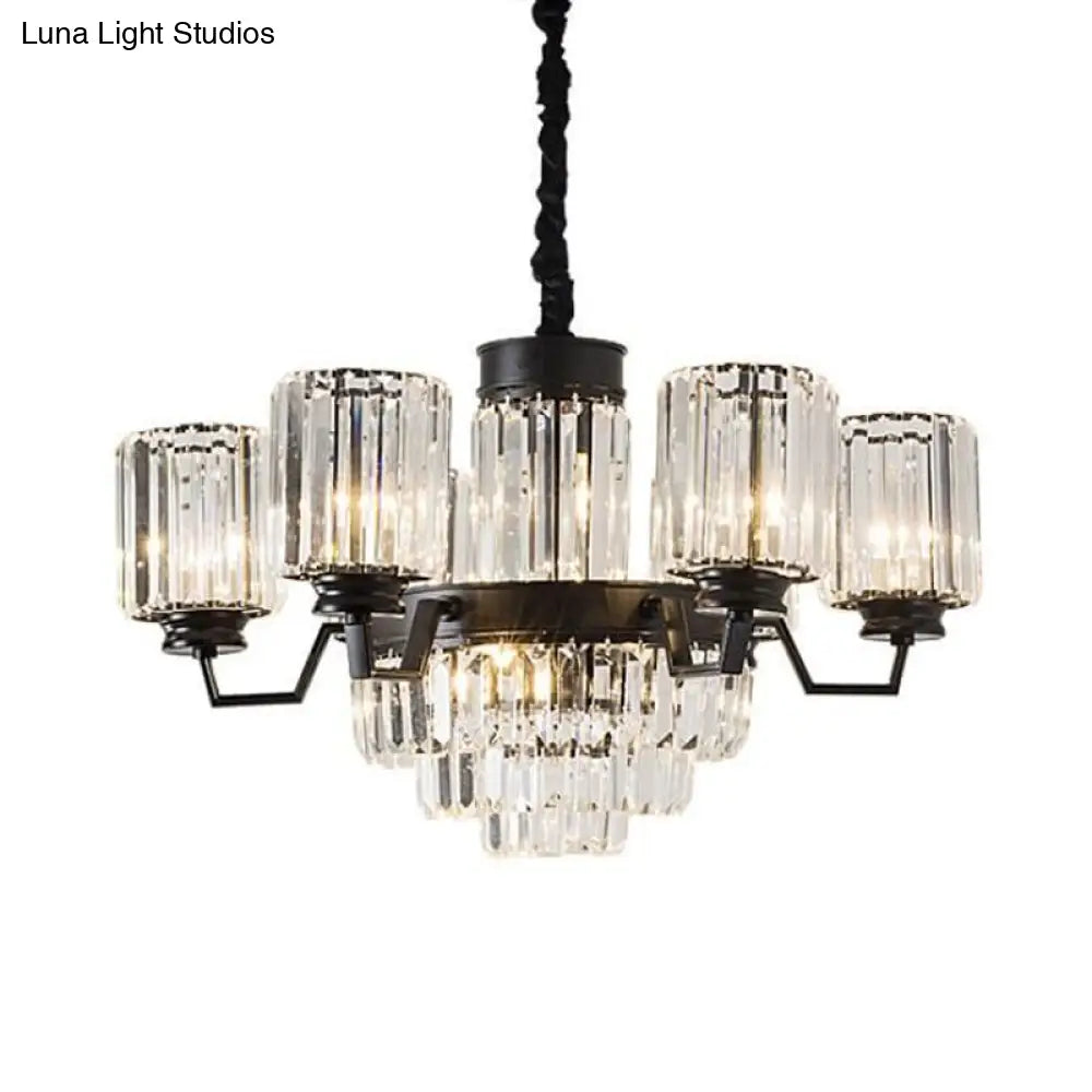 Modern Black 9-Bulb Pendant Chandelier With Clear Glass Rods And Cylindrical Shade