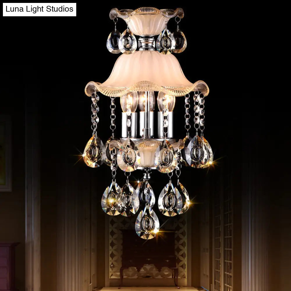 Modern Frosted Glass Ceiling Chandelier With Clear Crystal Deco And Ruffled Edge Champagne