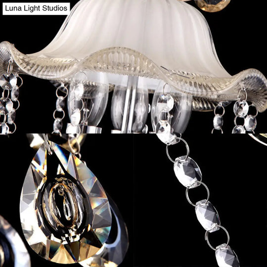 Modern Frosted Glass Ceiling Chandelier With Clear Crystal Deco And Ruffled Edge