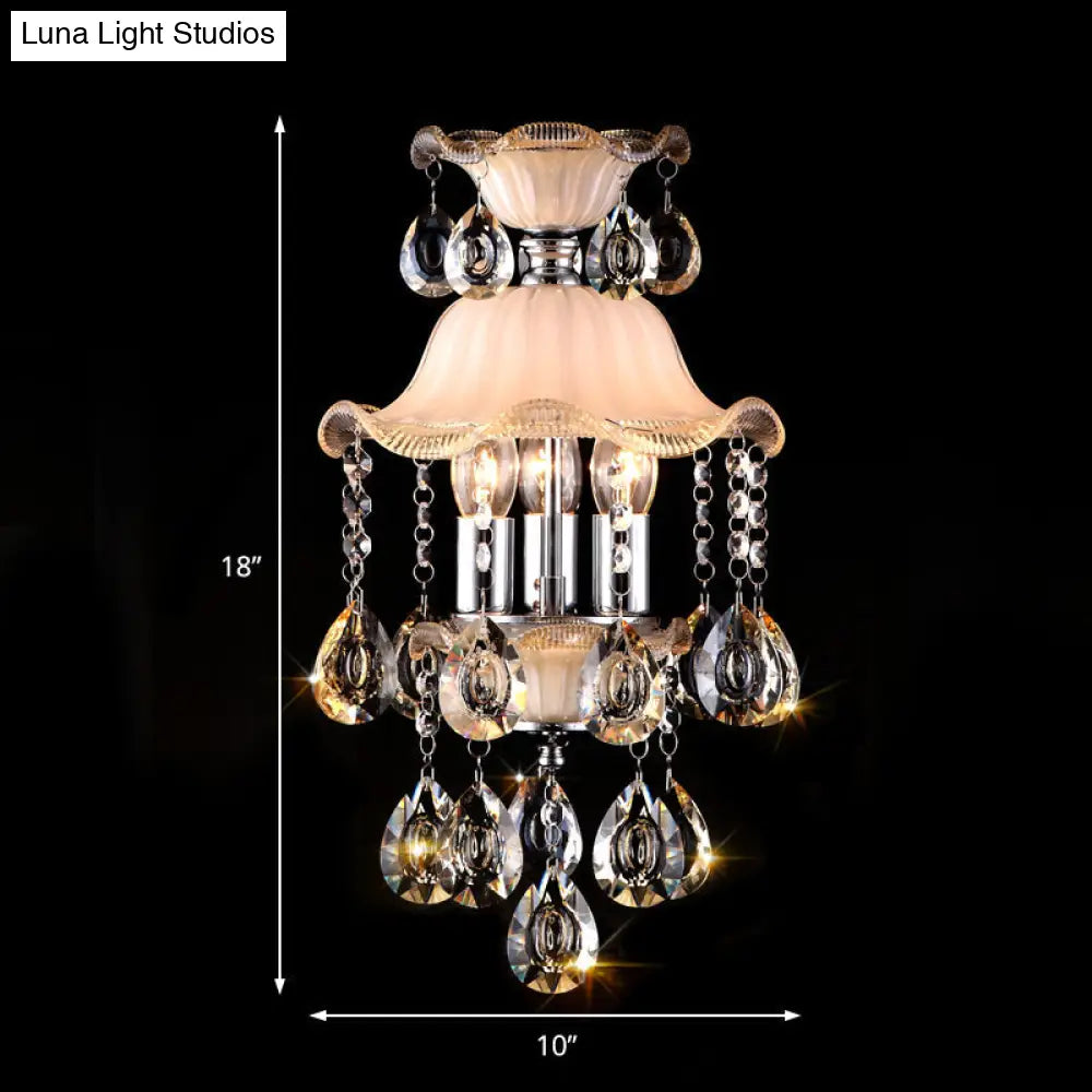 Modern Frosted Glass Ceiling Chandelier With Crystal Deco – Ruffled Edge Hanging Lamp In Champagne