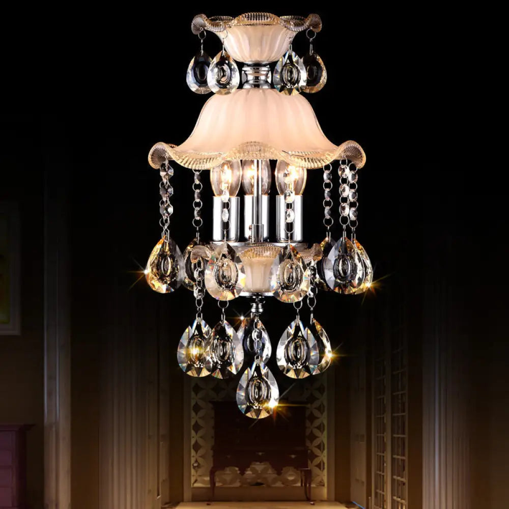 Modern Frosted Glass Ceiling Chandelier With Crystal Deco – Ruffled Edge Hanging Lamp In Champagne