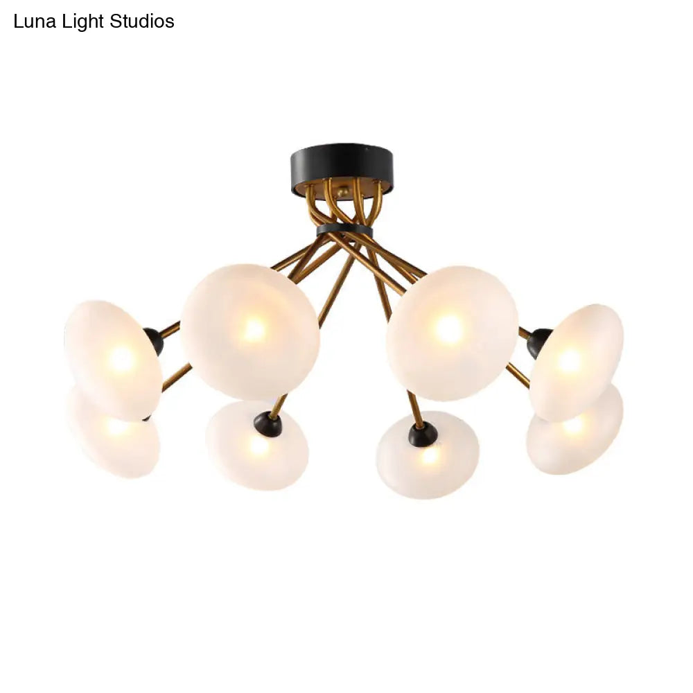 Modern Frosted Glass Circle Semi Flush Light - Black/Gold Ceiling Fixture (8/10 Bulbs)