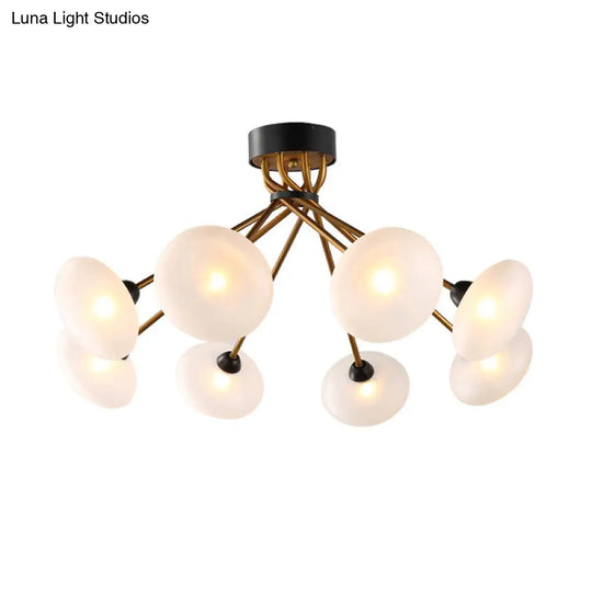 Modern Frosted Glass Circle Semi Flush Light - Black/Gold Ceiling Fixture (8/10 Bulbs)