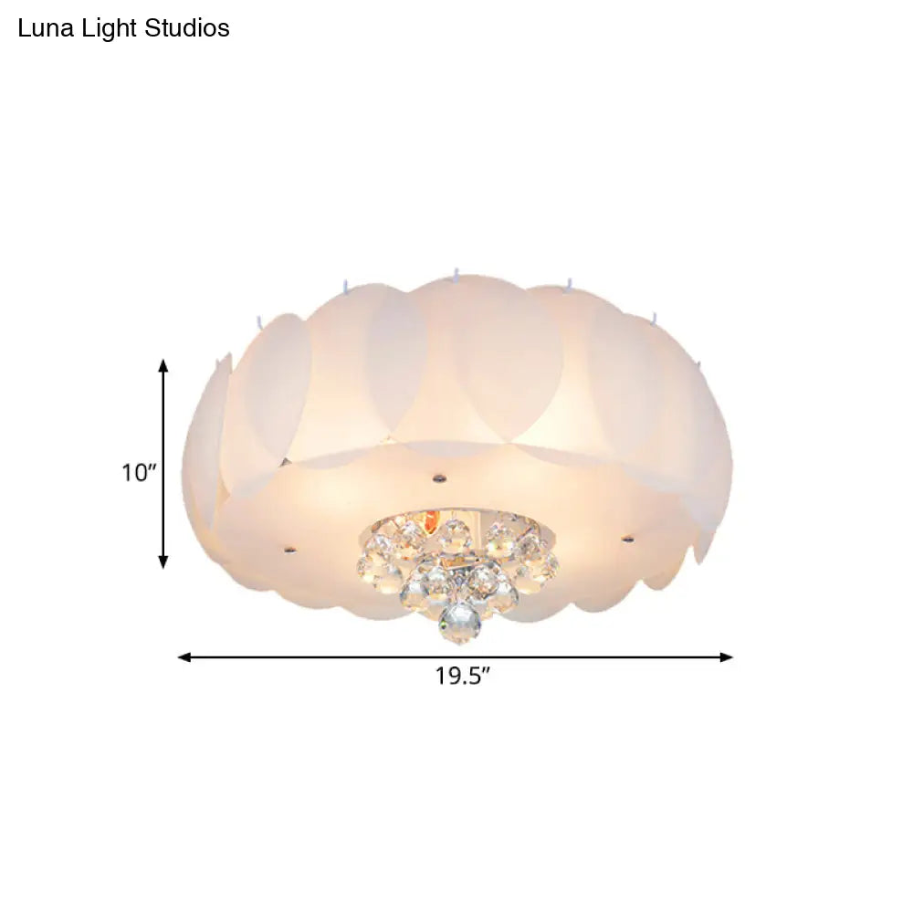 Modern Frosted Glass Flushmount Ceiling Lamp With Crystal Ball - Drum Design White Finish Available