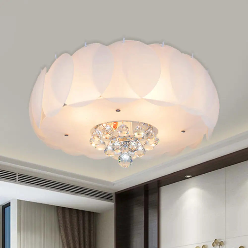 Modern Frosted Glass Flushmount Ceiling Lamp With Crystal Ball - Drum Design White Finish Available