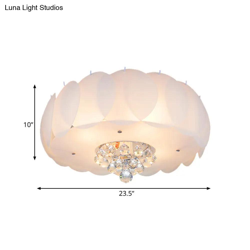 Modern Frosted Glass Flushmount Ceiling Lamp With Crystal Ball - Drum Design White Finish Available