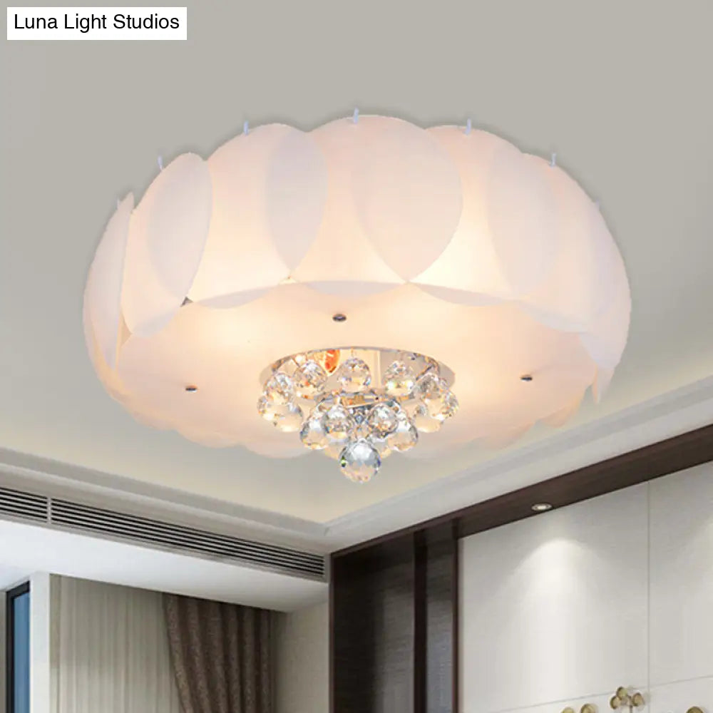 Modern Frosted Glass Flushmount Ceiling Lamp With Crystal Ball - Drum Design White Finish Available