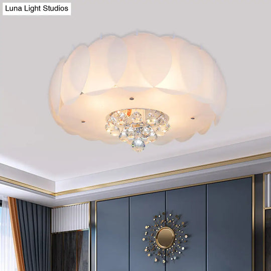 Modern Frosted Glass Flushmount Ceiling Lamp With Crystal Ball - Drum Design White Finish Available