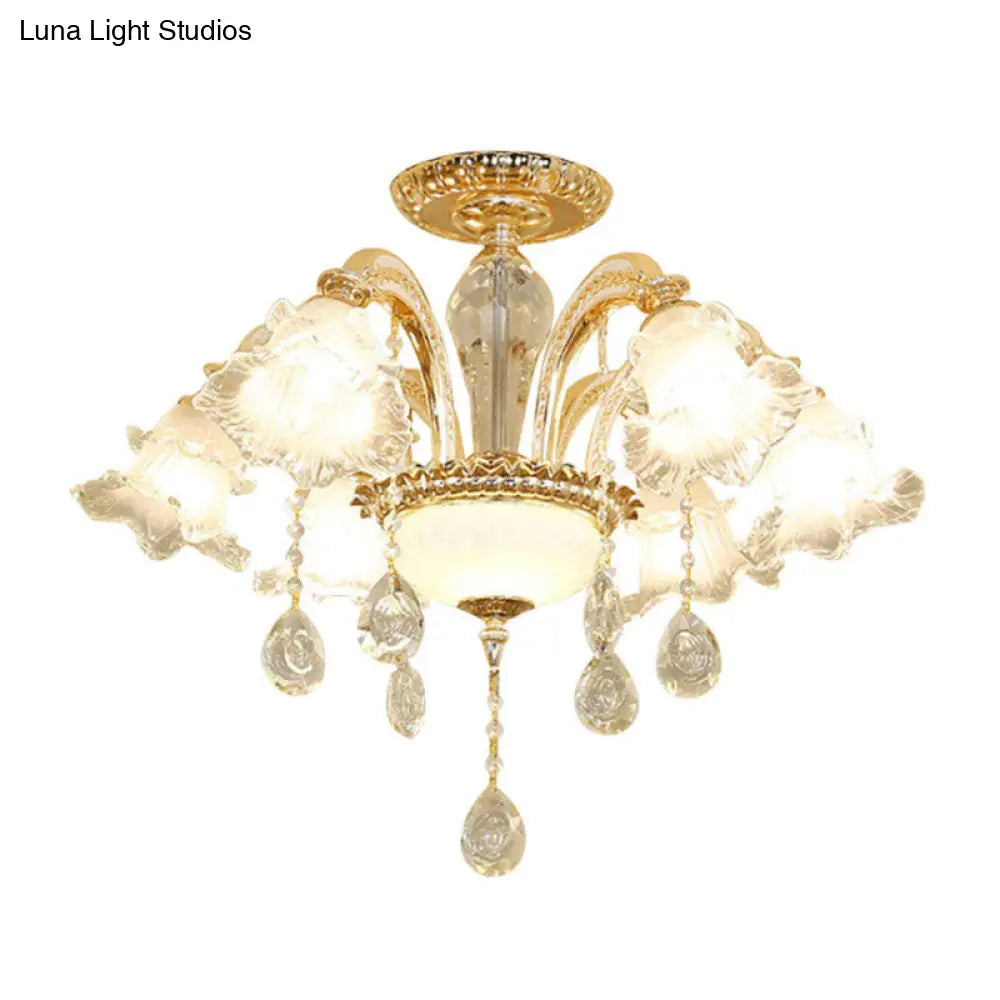 Modern Frosted Glass Pendant Lamp With Crystal Ball In Gold - Blossom Corridor Chandelier