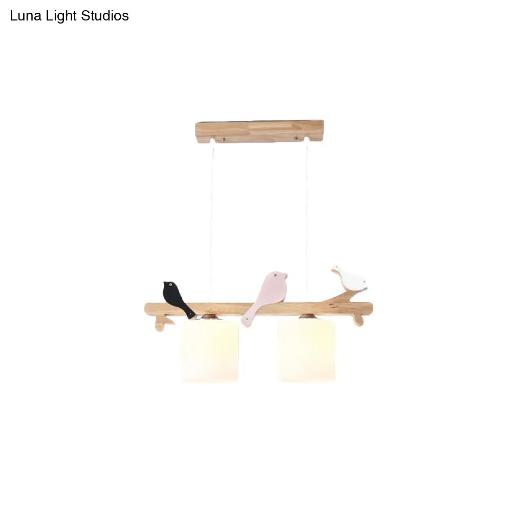 Modern Frosted Glass Pendant Light With Wood Accent - 2/3 Lights | Barrel Island Hanging Lamp Kit