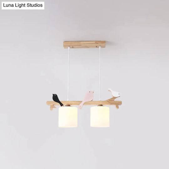 Modern Frosted Glass Pendant Light With Wood Accent - 2/3 Lights | Barrel Island Hanging Lamp Kit