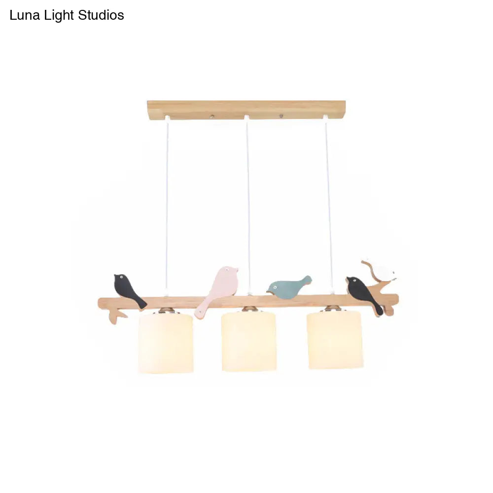 Modern Frosted Glass Pendant Light With Wood Accent - 2/3 Lights | Barrel Island Hanging Lamp Kit