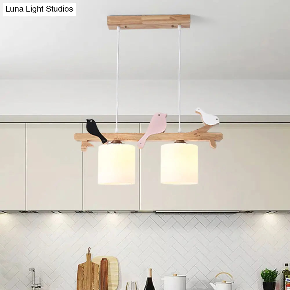 Modern Frosted Glass Pendant Light With Wood Accent - 2/3 Lights | Barrel Island Hanging Lamp Kit