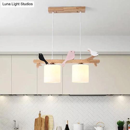 Modern Frosted Glass Pendant Light With Wood Accent - 2/3 Lights | Barrel Island Hanging Lamp Kit