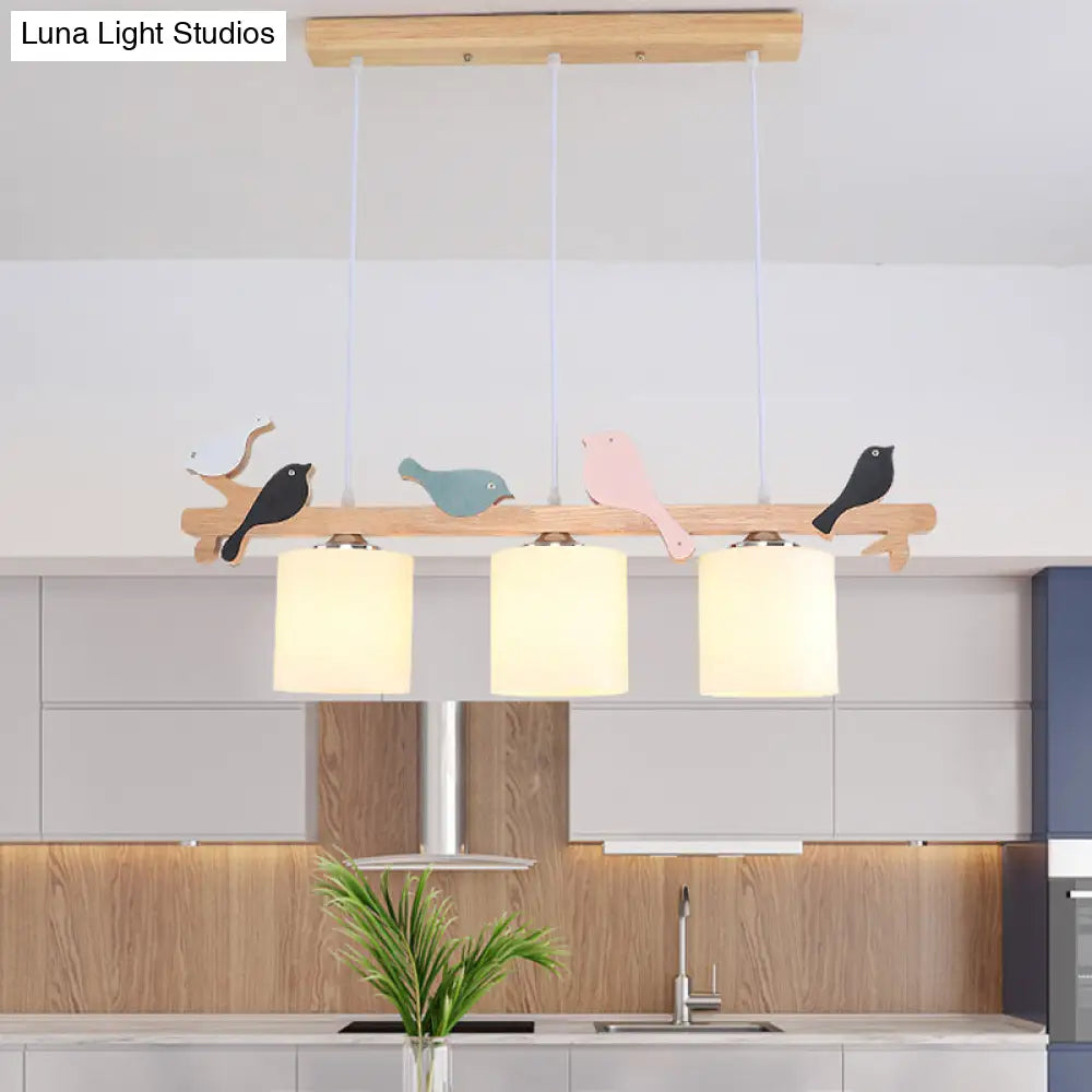 Modern Frosted Glass Pendant Light With Wood Accent - 2/3 Lights | Barrel Island Hanging Lamp Kit