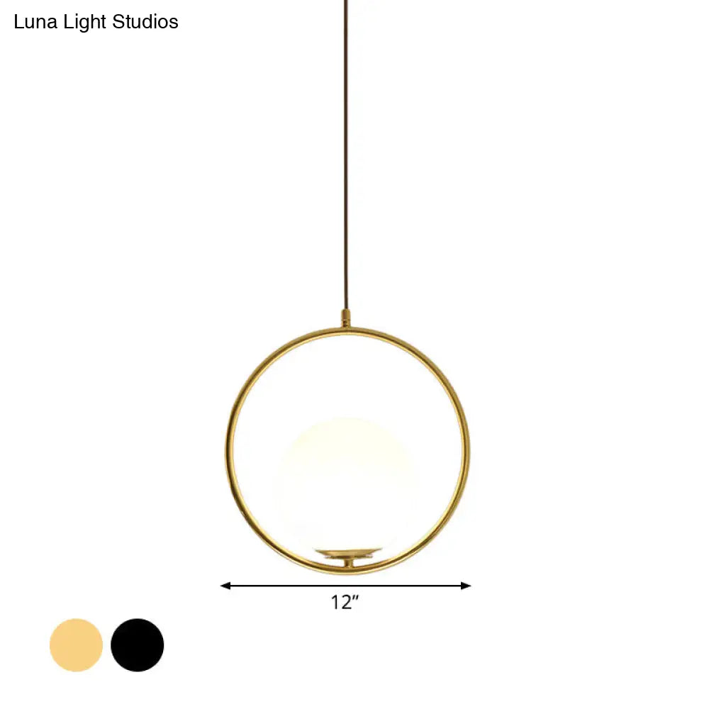 Modern Black/Gold Hanging Lamp With Frosted White Glass Ringed Pendant 10/12/14 Width