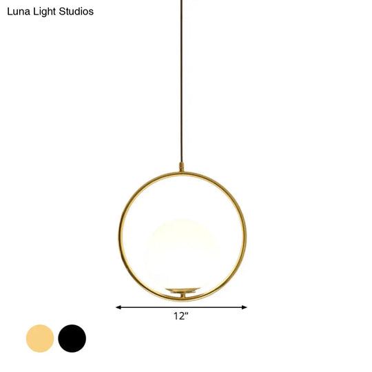 Modern Black/Gold Hanging Lamp With Frosted White Glass Ringed Pendant 10/12/14 Width