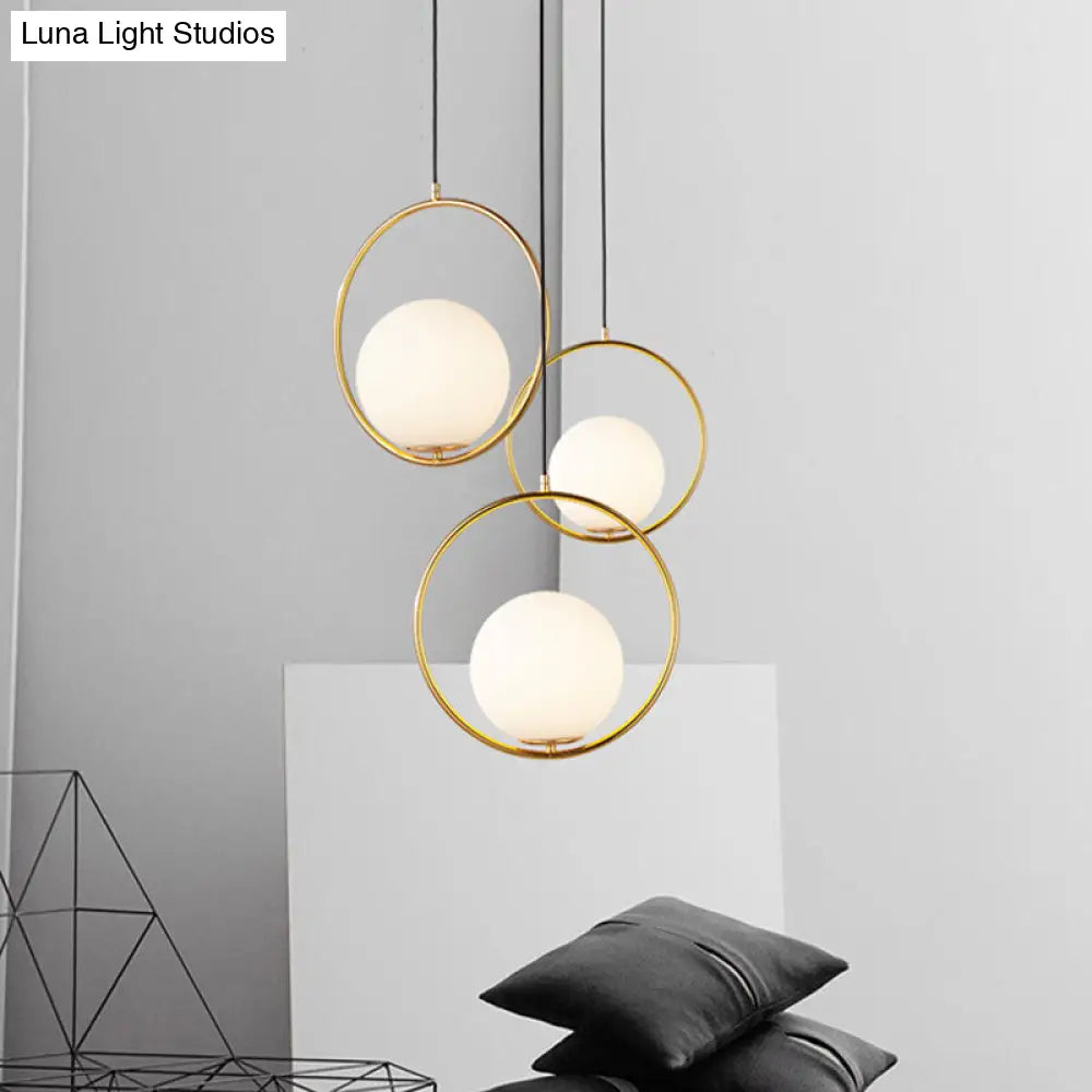 Modern Black/Gold Hanging Lamp With Frosted White Glass Ringed Pendant 10/12/14 Width