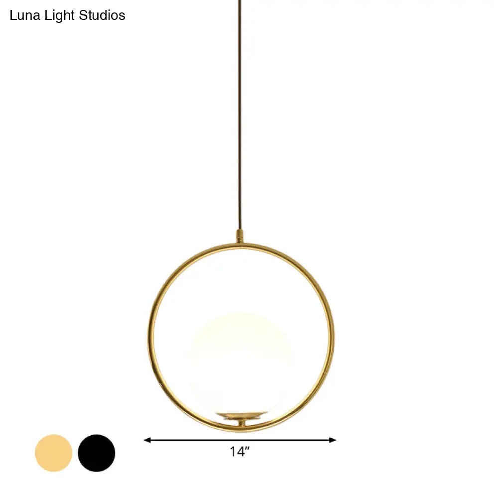 Modern Black/Gold Hanging Lamp With Frosted White Glass Ringed Pendant 10/12/14 Width