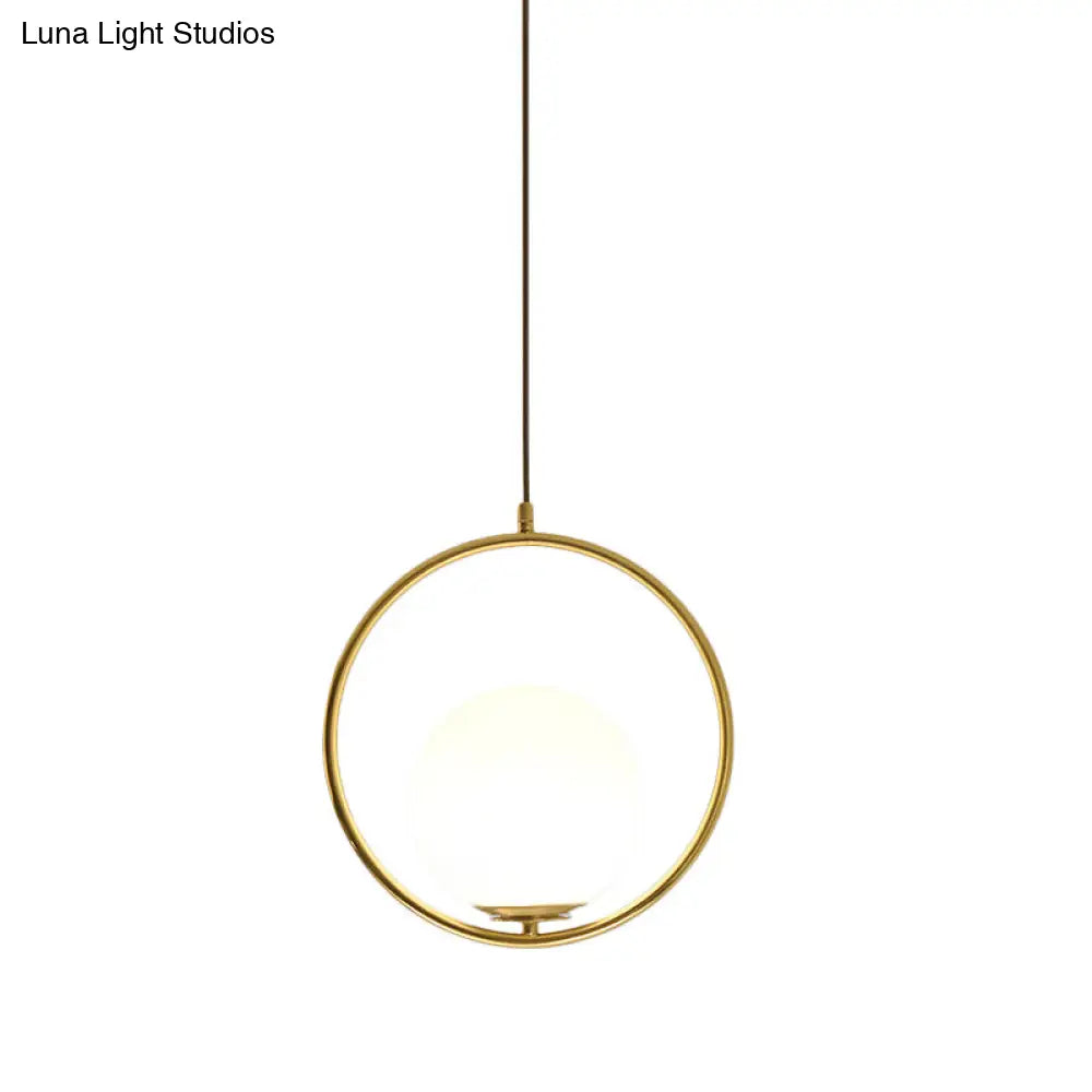 Modern Black/Gold Hanging Lamp With Frosted White Glass Ringed Pendant 10/12/14 Width