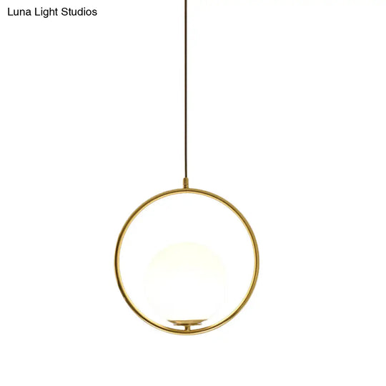 Modern Black/Gold Hanging Lamp With Frosted White Glass Ringed Pendant 10/12/14 Width