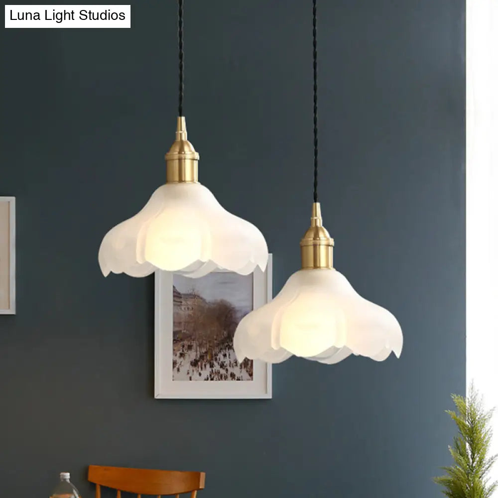 Frosted Glass Scalloped Hanging Light Kit - Modern 1-Light Pendant Fixture In White