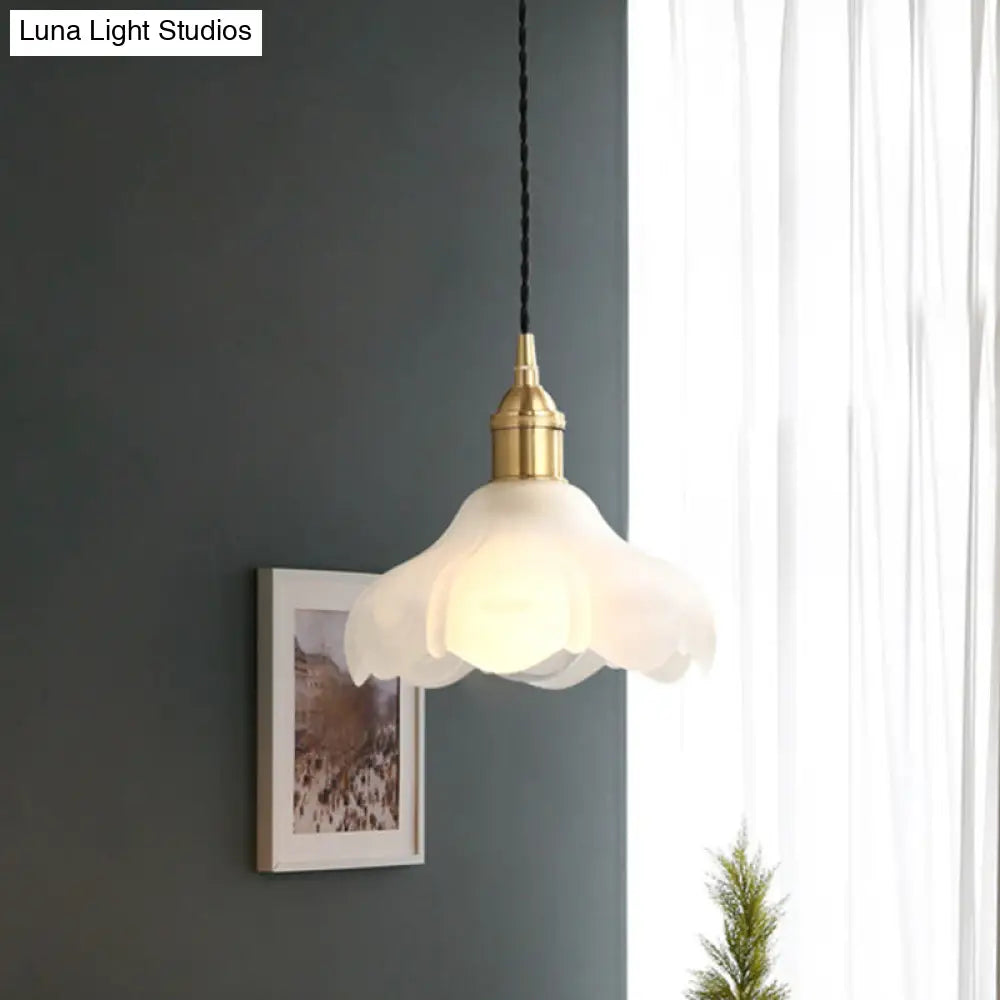 Frosted Glass Scalloped Hanging Light Kit - Modern 1-Light Pendant Fixture In White