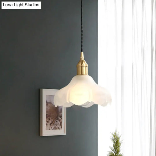 Modern Frosted Glass Scalloped Pendant Light Kit - 1-Light Contemporary Hanging Fixture In White